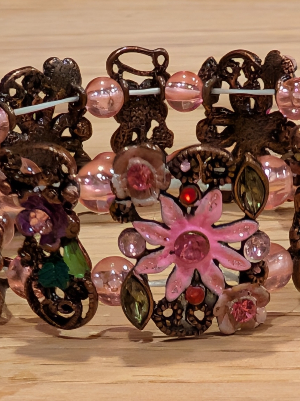 Source Unknown Pink Floral Beaded Stretch Bracelet
